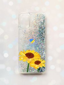 Чохол з плаваючими блискітками для Samsung Galaxy A03s (A037) Срібний :: Жовті квіти (принт 364)