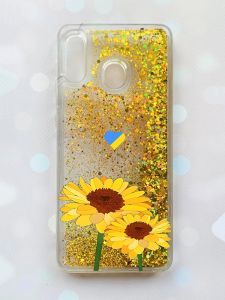 Чохол з плаваючими блискітками на Samsung Galaxy A30(2019) A305/A20 Золотий :: Жовті квіти (принт 364)