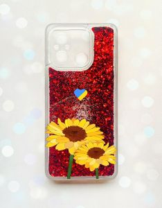 Чохол з плаваючими блискітками на Xiaomi Redmi 12C Червоний :: Жовті квіти (патріотичний принт 364)