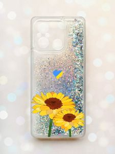 Чохол з плаваючими блискітками на Xiaomi Redmi 12C Срібний :: Жовті квіти (патріотичний принт 364)