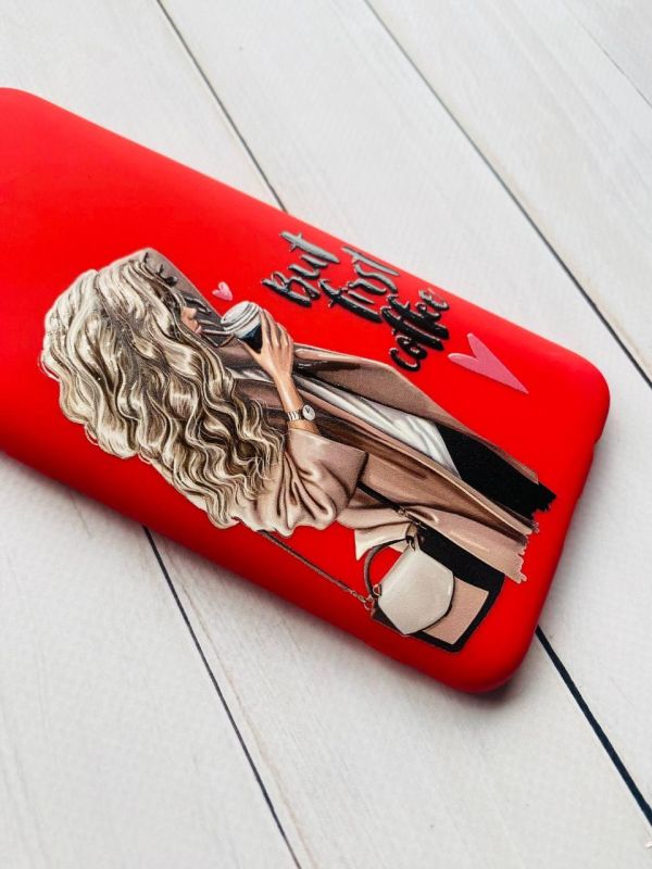Матовий червоний чохол на Xiaomi Redmi Note 8 Pro дизайн Дівчина з кавою принт 114