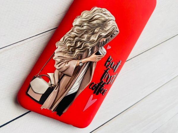 Матовий червоний чохол на iPhone XS MAX дизайн Дівчина з кавою принт 114
