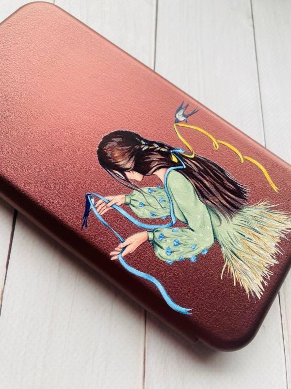 Чохол-книжка з малюнком для Samsung Galaxy S21 FE  Бордовий :: Дівчина з ластівками (принт 16)