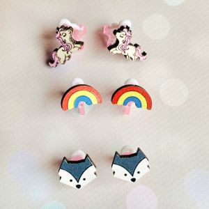 Комплект сережок кліпс Дитячий набір (веселка, єдиноріг, єнот)