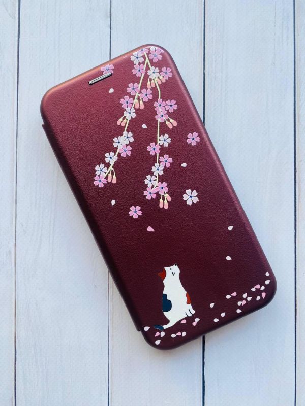 Чохол-книжка з малюнком для Xiaomi Poco C40 Бордовий :: Котик і сакура (принт 283)