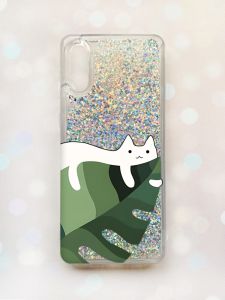 Чохол з плаваючими блискітками Samsung Galaxy A02/A022 (2021) Срібний :: Кіт на листку (принт 367)