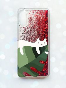 Чохол з плаваючими блискітками Samsung Galaxy A02/A022 (2021) Червоний :: Кіт на листку (принт 367)
