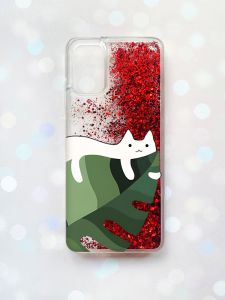 Чохол з плаваючими блискітками для Samsung Galaxy A03s (A037) Червоний :: Кіт на листку (принт 367)