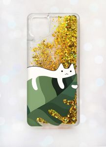 Чохол з плаваючими блискітками Samsung A12 Золотий :: Кіт на листку (принт 367)