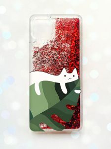 Чохол з плаваючими блискітками Samsung Galaxy A12 Червоний :: Кіт на листку (принт 367)