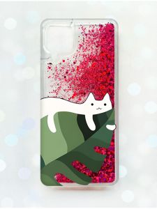Чохол з плаваючими блискітками Samsung Galaxy A12 Рожевий :: Кіт на листку (принт 367)