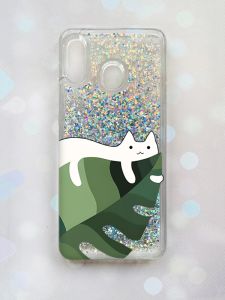 Чохол з плаваючими блискітками на Samsung Galaxy A30(2019) A305/A20 Срібний :: Кіт на листку (принт 367)