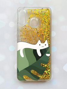 Чохол з плаваючими блискітками на Samsung Galaxy A30(2019) A305/A20 Золотий :: Кіт на листку (принт 367)