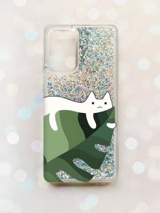 Чохол з плаваючими блискітками на Samsung Galaxy A52 (A525) Срібний :: Кіт на листку (принт 367)
