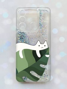 Чохол з плаваючими блискітками на TECNO Spark Go 2022 Срібний :: Кіт на листку (принт 367)