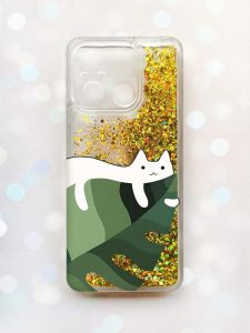 Чохол з плаваючими блискітками на Xiaomi Redmi 12C Золотий :: Кіт на листку (принт 367)