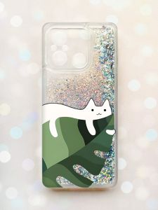 Чохол з плаваючими блискітками на Xiaomi Redmi 12C Срібний :: Кіт на листку (принт 367)