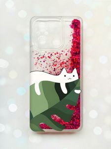 Чохол з плаваючими блискітками на Xiaomi Redmi 12C Рожевий :: Кіт на листку (принт 367)