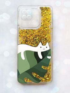 Чохол з плаваючими блискітками на Xiaomi Redmi 10C Золотий :: Кіт на листку (принт 367)