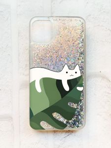 Чохол із плаваючими блискітками на iPhone 11 Срібний :: Кіт на листку (принт 367)