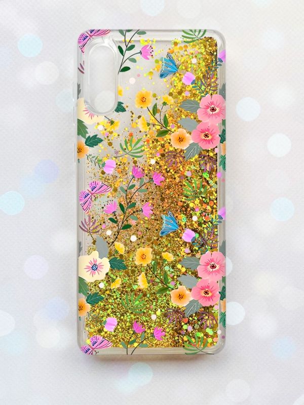 Чохол з плаваючими блискітками Samsung Galaxy A02/A022 (2021) Золотий :: Квітковий фон (принт 369)