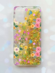 Чохол з плаваючими блискітками для Samsung Galaxy A03s (A037) Золотий :: Квітковий фон (принт 369)