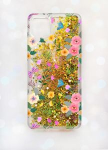 Чохол з плаваючими блискітками Samsung A12 Золотий :: Квітковий фон (принт 369)