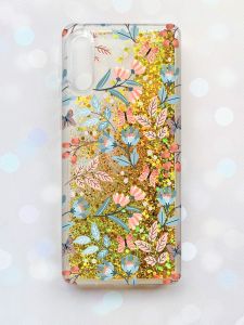 Чохол з плаваючими блискітками Samsung Galaxy A02 / A022 (2021) Золотий :: Квітковий фон (принт 370)