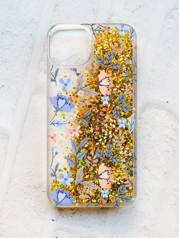 Чохол із плаваючими блискітками на iPhone 14 Золотий :: Квітковий фон (принт 371)