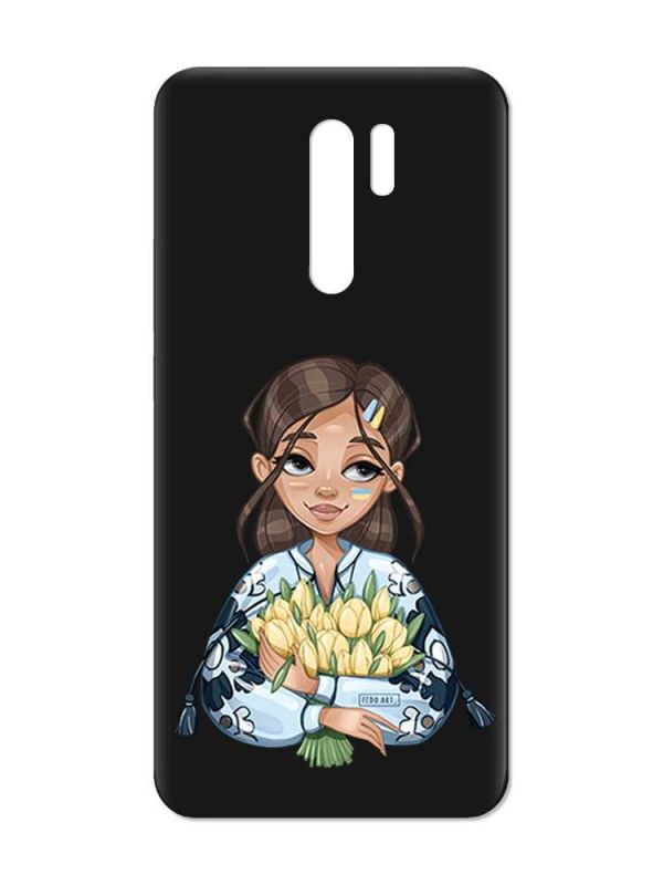 Матовий чорний чохол на Xiaomi Redmi 9 :: Дівчина з тюльпанами (принт 22)