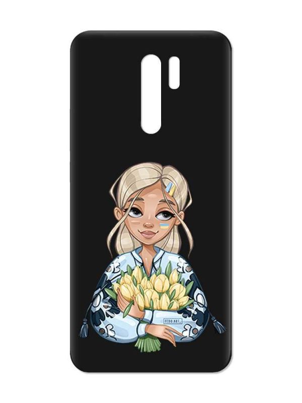 Матовий чорний чохол на Xiaomi Redmi 9 :: Дівчина з тюльпанами (принт 23)