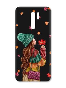Матовий чорний чохол на Xiaomi Redmi 9 :: Дівчина з листям (принт 221)
