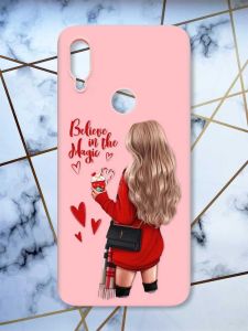 Матовий чохол з рожевими боками на Xiaomi Redmi Note 7/7 Pro :: Дівчина з кавою /принт 137/