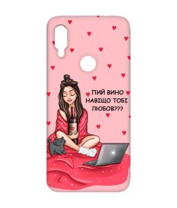 Матовий чохол з рожевими боками на Xiaomi Redmi Note 7/7 Pro :: Дівчина з вином /принт 219/
