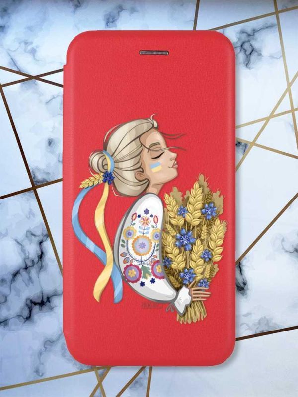 Чохол-книжка з малюнком на Xiaomi Redmi Note 7/7 Pro :: Червоний :: Українка з колосками /принт 173/