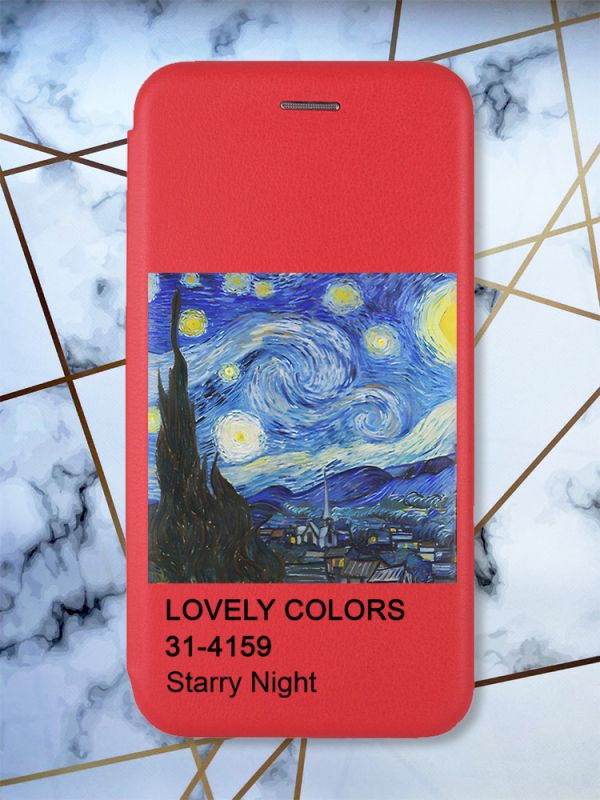 Чохол-книжка з малюнком на Xiaomi Redmi Note 7/7 Pro :: Червоний :: Зоряна ніч /принт 74/