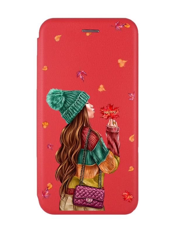 Чохол-книжка з малюнком на Xiaomi Redmi Note 7/7 Pro :: Червоний :: Дівчина з листям /принт 221/