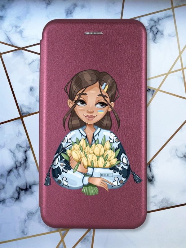 Чохол-книжка з малюнком на Xiaomi Redmi Note 7/7 Pro :: Бордовий :: Дівчина з тюльпанами /принт 22/