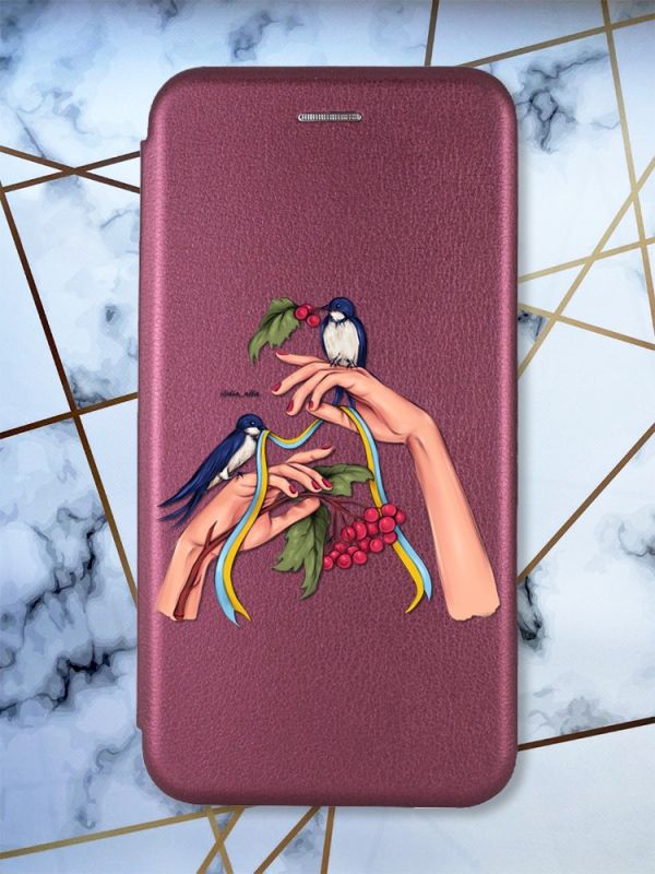 Чохол-книжка з малюнком на Xiaomi Redmi 7 :: Бордовий :: Ластівки /принт 15/