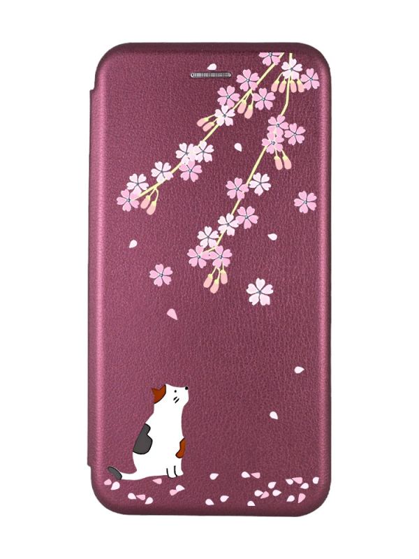 Чохол-книжка з малюнком на Xiaomi Redmi 7 :: Бордовий :: Котик і сакура /принт 283/