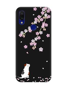 Матовий чохол з чорними боками на Xiaomi Redmi 7 :: Котик і сакура /принт 283/