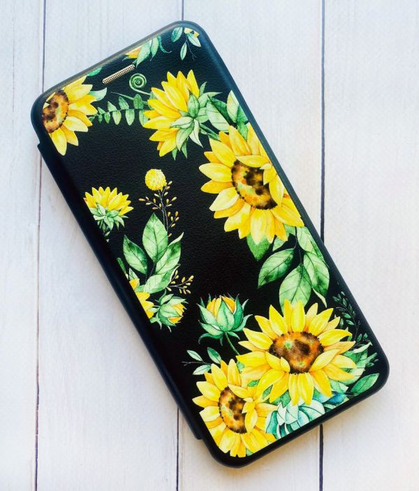 Чохол-книжка з малюнком на Xiaomi Redmi 7 :: Чорний :: Соняхи /принт 288/