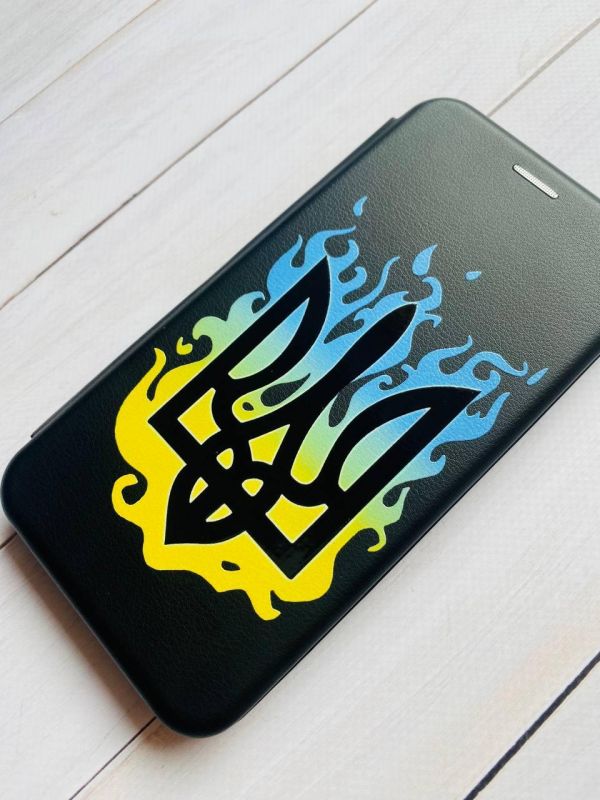 Чохол-книжка з малюнком на Xiaomi Redmi 7 :: Чорний :: Тризуб Полум'я /принт 257/