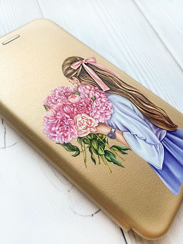 Чохол-книжка з малюнком на Xiaomi Redmi 7 :: Золотий :: Дівчина з півоніями /принт 11/