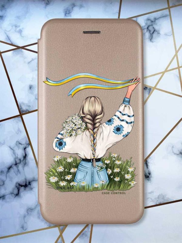 Чохол-книжка з малюнком на Xiaomi Redmi 7 :: Золотий :: Дівчина зі стрічкою /принт 17/