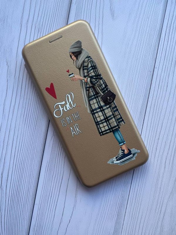 Чохол-книжка з малюнком на Xiaomi Redmi 7 :: Золотий :: Дівчина з кавою /принт 59/