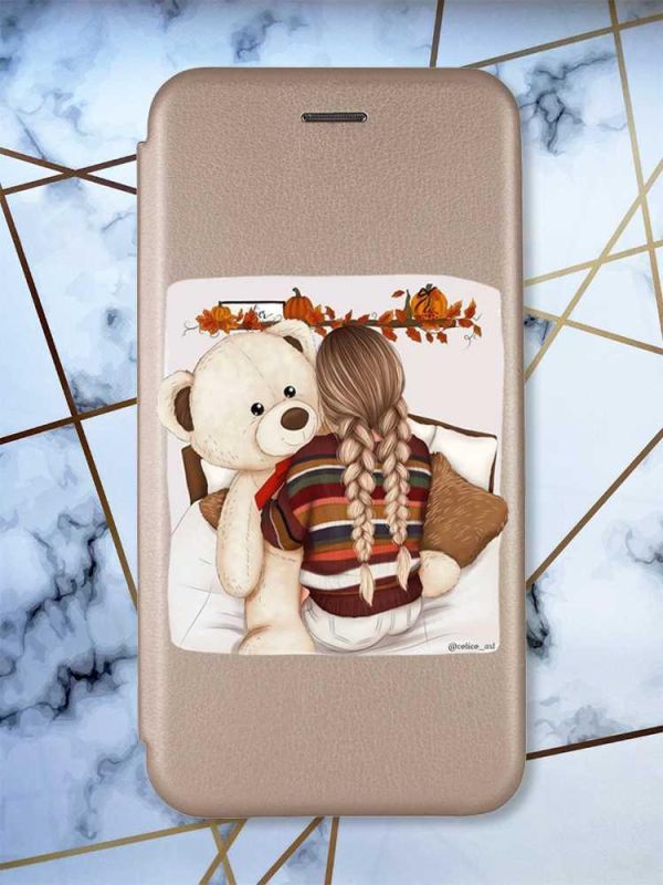 Чохол-книжка з малюнком на Xiaomi Redmi 7 :: Золотий :: Дівчинка з ведмедиком /принт 117/