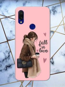 Матовий чохол з рожевими боками на Xiaomi Redmi 7 :: Дівчина з кавою /принт 112/