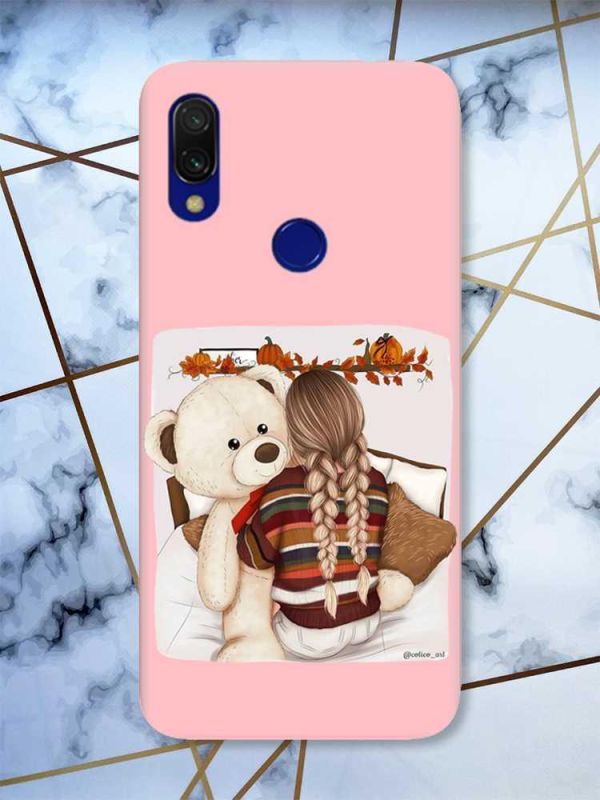 Матовий чохол з рожевими боками на Xiaomi Redmi 7 :: Дівчинка з ведмедиком /принт 117/