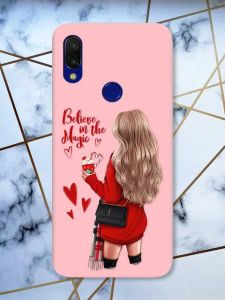 Матовий чохол з рожевими боками на Xiaomi Redmi 7 :: Дівчина з кавою /принт 137/